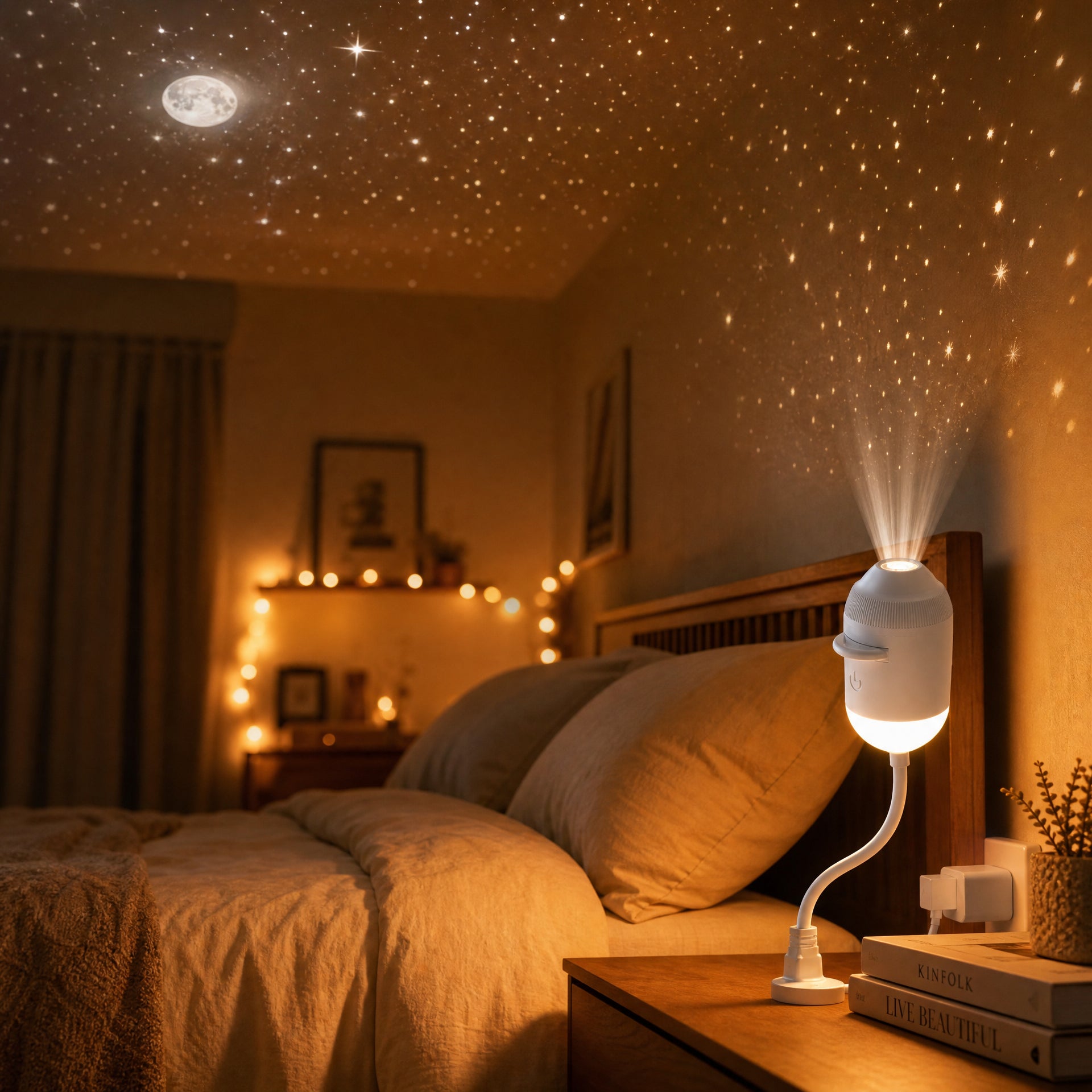 Star Projector Night Light — 24-in-1 Starry Sky Ceiling Lamp, USB Plug-In, Flexible Gooseneck
